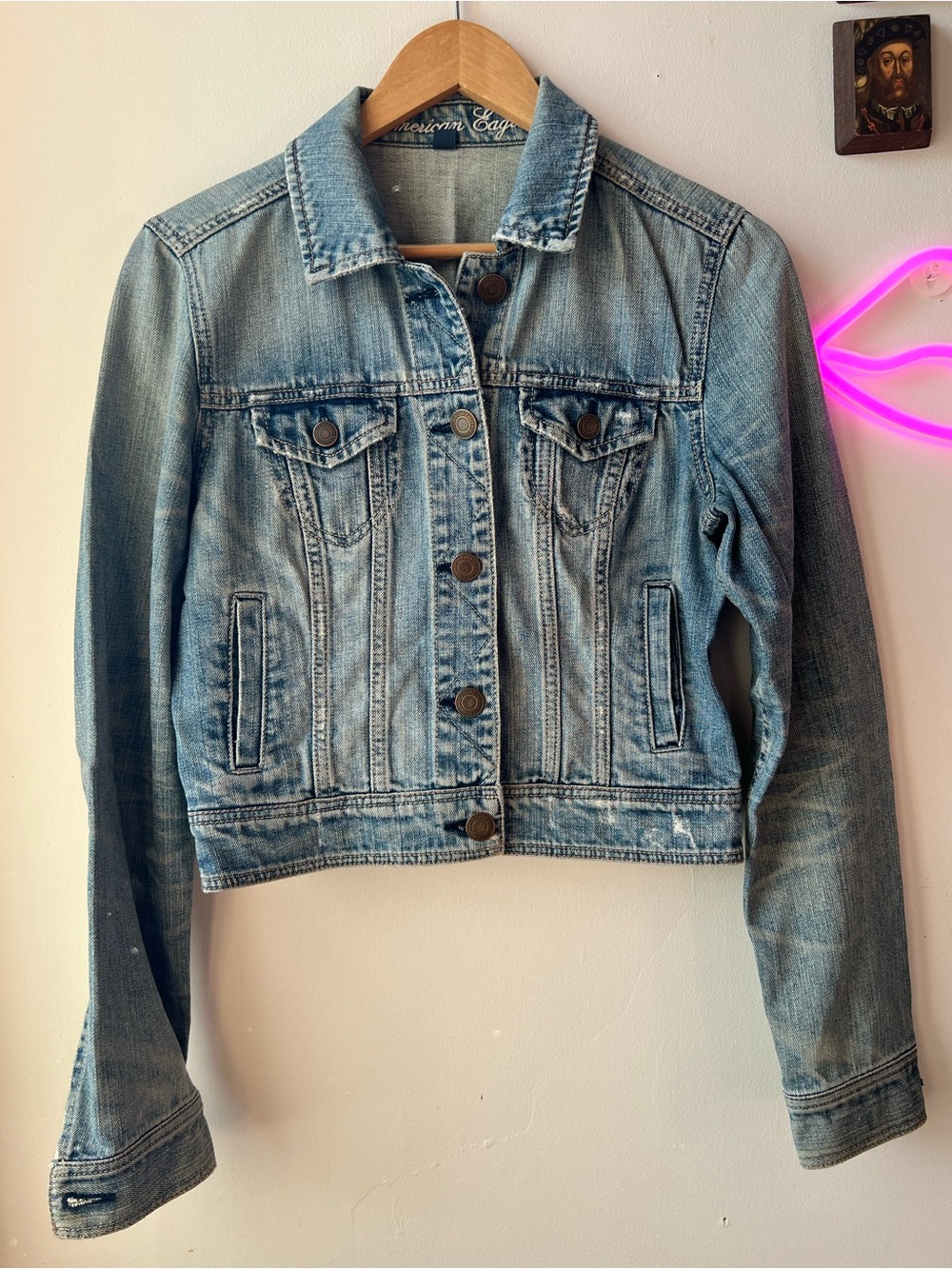 American Eagle Outfitters Light Wash Distressed & Cropped Denim Jacket